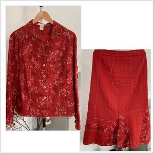 MAXI SKIRT & BLOUSE SET / COTTON / RED FLORAL / VINTAGE / BOHO / MED - LG